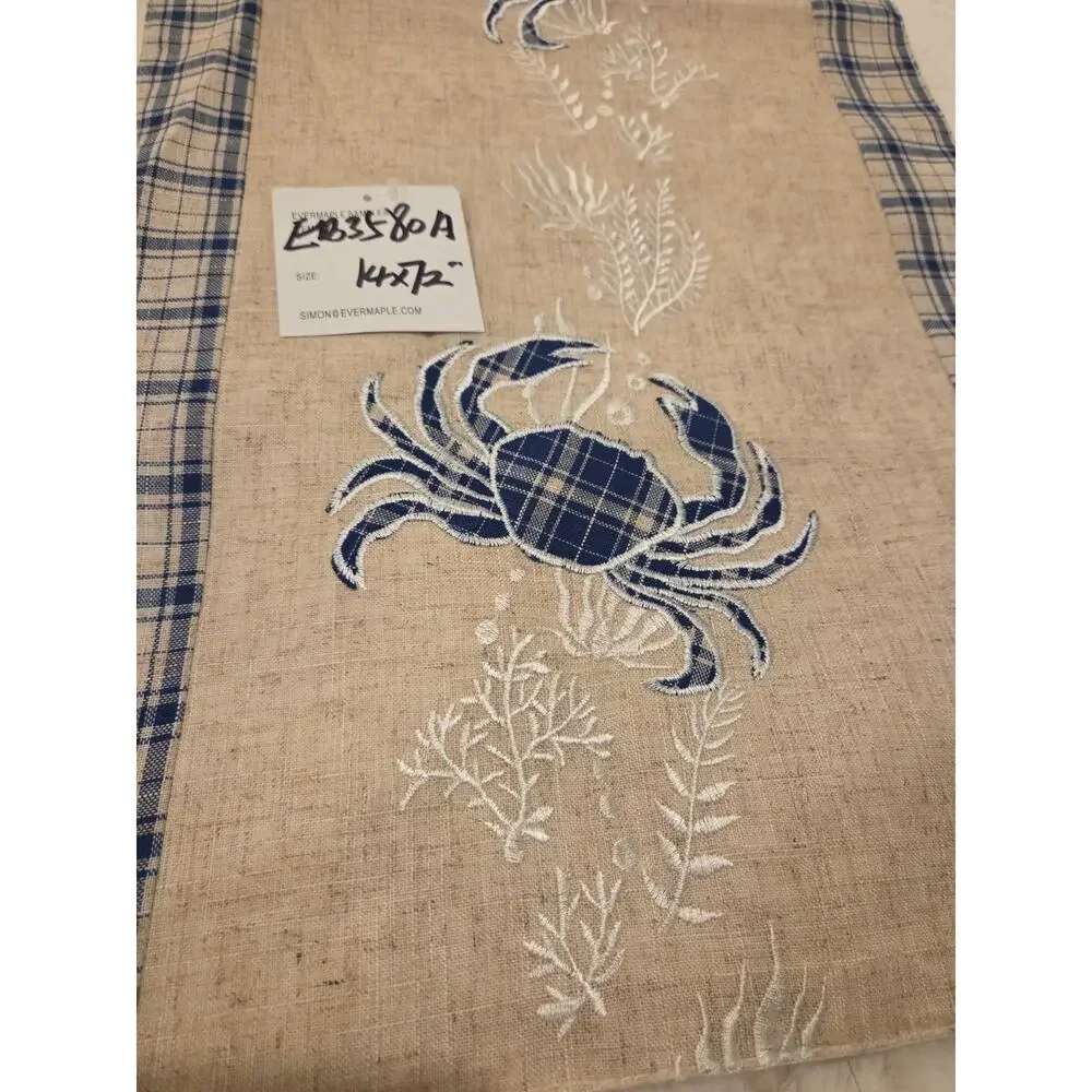Coastal Crab Table Runner 14x72 Blue Plaid Embroidered Linen Look EB3580A Rare